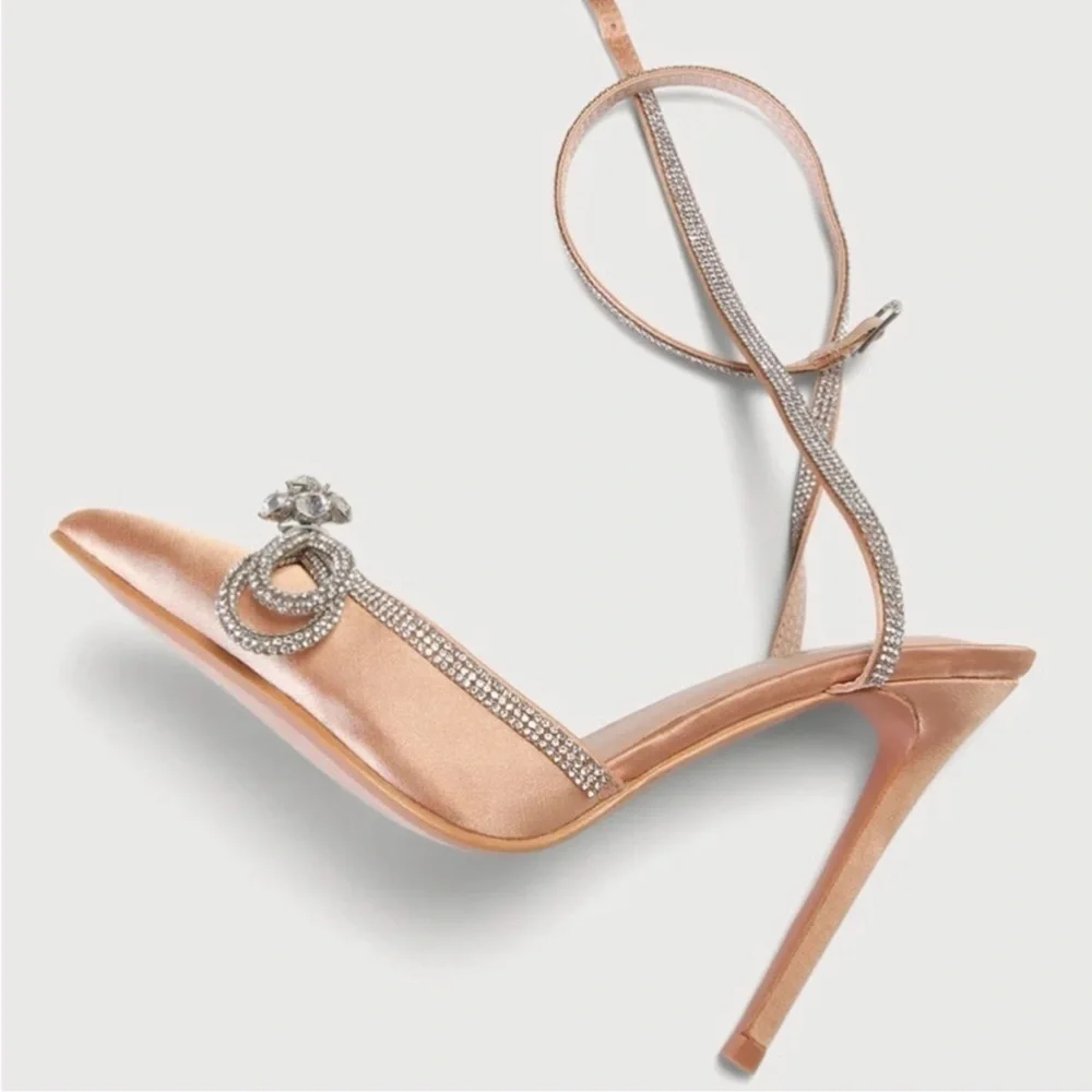 Lulus Lullie Rose Gold Satin Rhinestone Ankle Strap Pointed-Toe Pumps sz 8